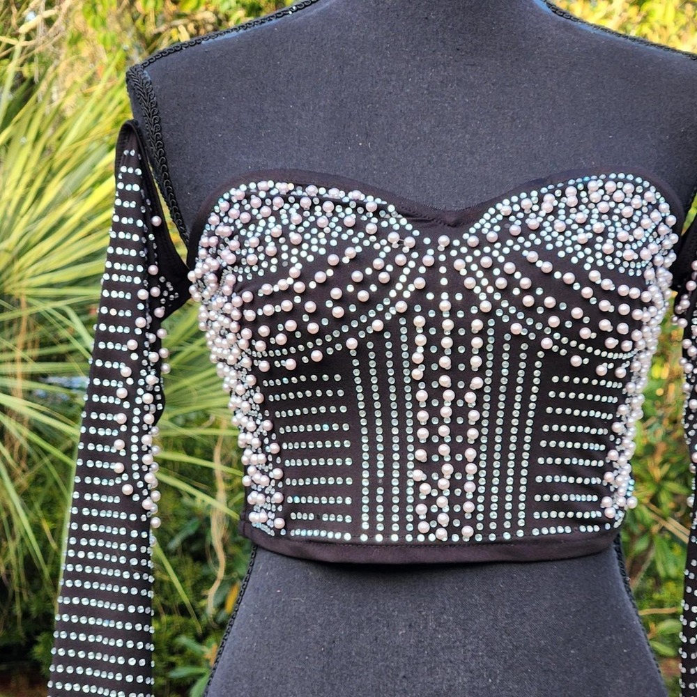 Black corset top silver rhinestones pearl long sleeves EMBELLISHED small 34 bust